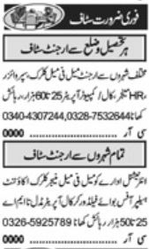 Need Staff at Private Company Lahore
