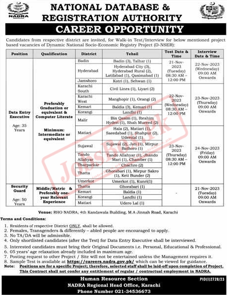 National Database and Registration Authority NADRA Jobs 2023