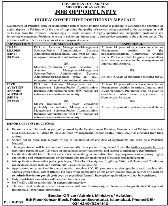 Team Leader Jobs 2023 In Ministry Of Aviation